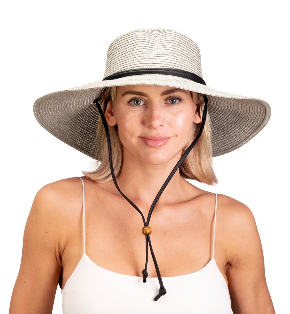 Women's Wide Brim Braided Sun Hat with Wind Lanyard - UPF 50+ | Gray | Size M